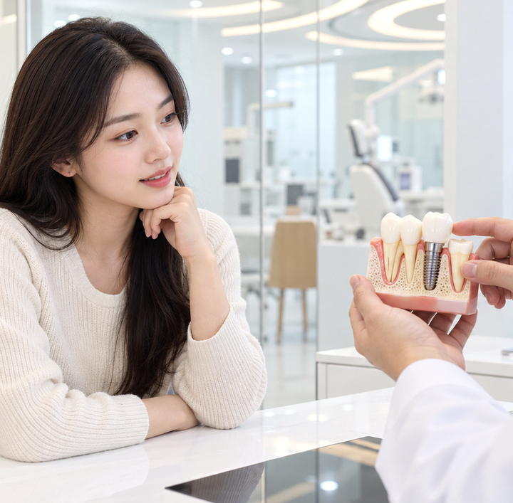 강남20대임플란트원인 – 치아 상태에 대해 진료 상담을 받는 20대 여성