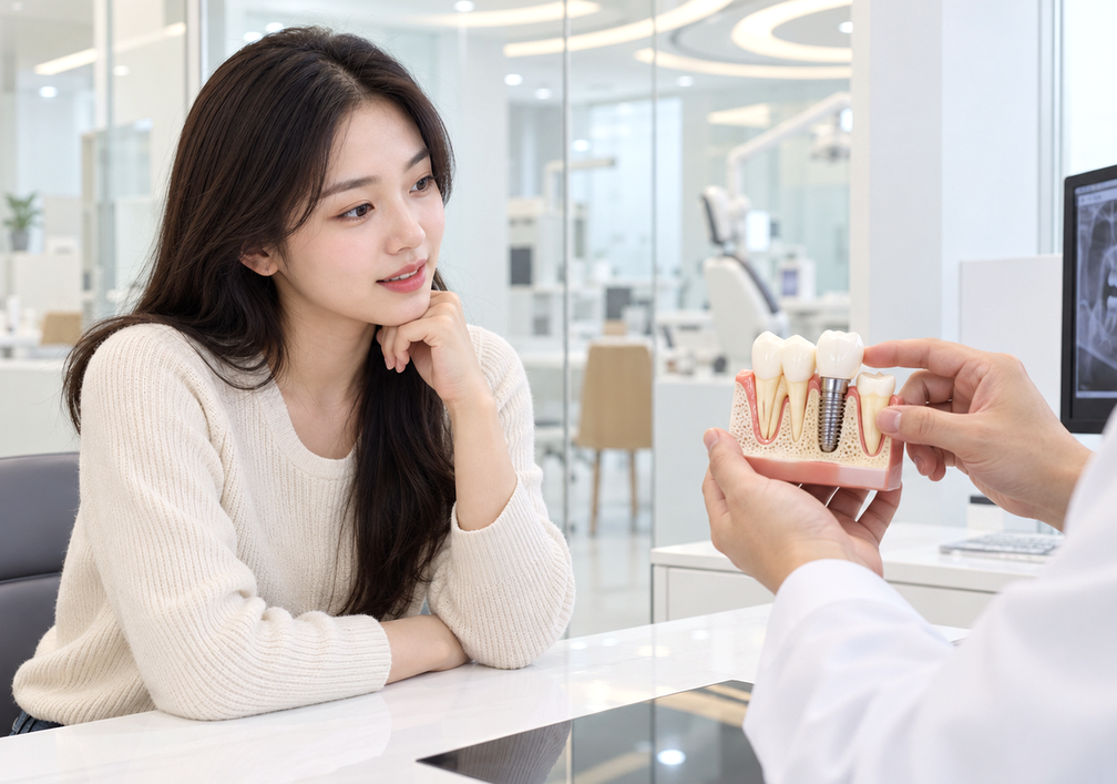 강남 20대 임플란트 원인 — 진료실 책상 위 치아 모형과 파노라마 영상