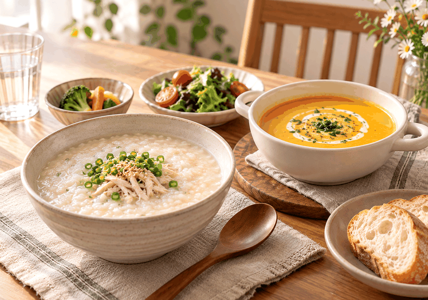 강남임플란트뼈이식후식사 — 부드러운 죽과 수프가 놓인 식탁